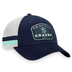 Seattle Kraken Fanatics Fundamental Striped Trucker Adjustable Hat Deep Sea Blue/White