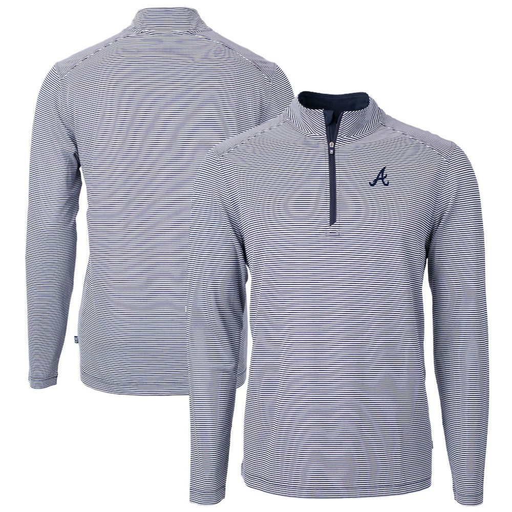Atlanta Braves Cutter & Buck Virtue Eco Pique Micro Stripe Recycled Quarter-Zip Pullover Top Navy/White