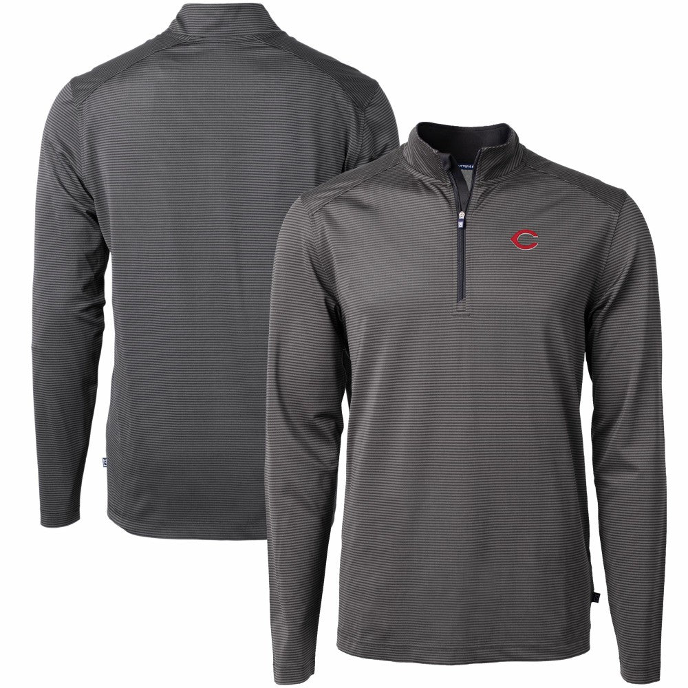 Cincinnati Reds Cutter & Buck Virtue Eco Pique Micro Stripe Recycled Quarter-Zip Pullover Top Black/Gray