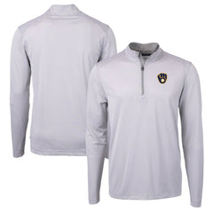 Milwaukee Brewers Cutter & Buck Virtue Eco Pique Micro Stripe Recycled Quarter-Zip Pullover Top Gray/White