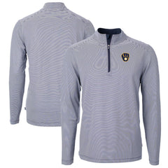 Milwaukee Brewers Cutter & Buck Virtue Eco Pique Micro Stripe Big & Tall Recycled Quarter-Zip Pullover Top Navy/White