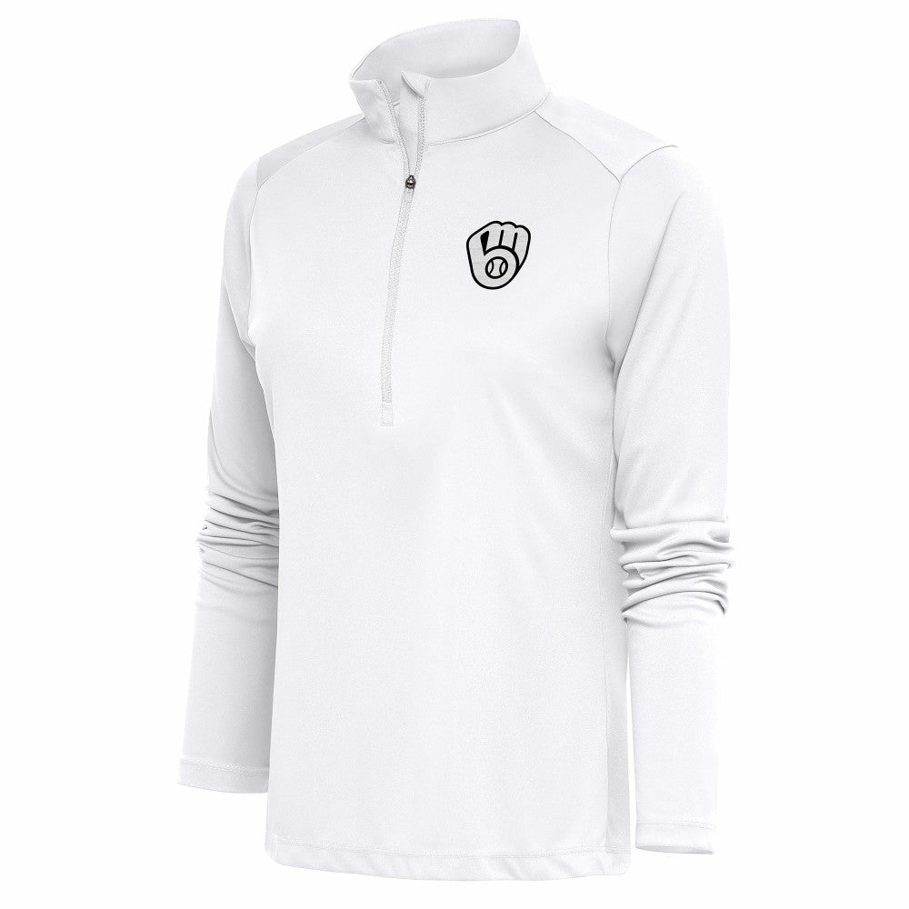 Milwaukee Brewers Antigua Women's Brushed Metallic Tribute Half-Zip Pullover Top White