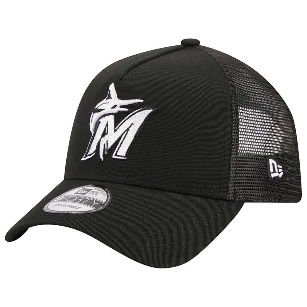 Miami Marlins A-Frame 9FORTY Trucker Adjustable Hat Black | New Era