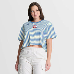 Chicago Cubs Women's Cooperstown Collection Striped Cropped T-Shirt Light Blue/Cream | Nike