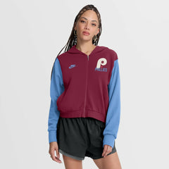 Philadelphia Phillies Women's Cooperstown Collection Cropped Full-Zip Hoodie Burgundy/Light Blue | Nike