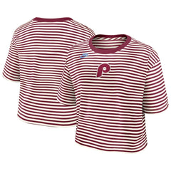 Philadelphia Phillies Women's Cooperstown Collection Striped Cropped T-Shirt Burgundy/Cream | Nike