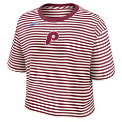 Philadelphia Phillies Women's Cooperstown Collection Striped Cropped T-Shirt Burgundy/Cream | Nike