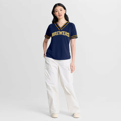 Milwaukee Brewers Women's Diva Race Ahead Raglan V-Neck T-Shirt Navy
