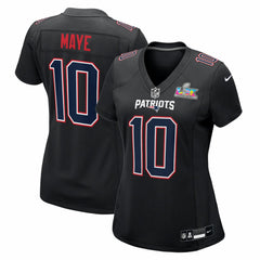 Drake Maye New England Patriots Women's Super Bowl LX Patch Carbon Fashion Game Jersey - Black