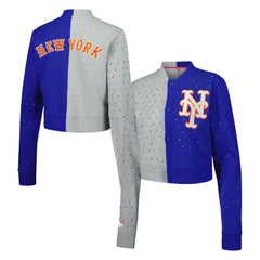New York Mets Terez Women's Cropped Button-Up Cardigan Gray/Royal
