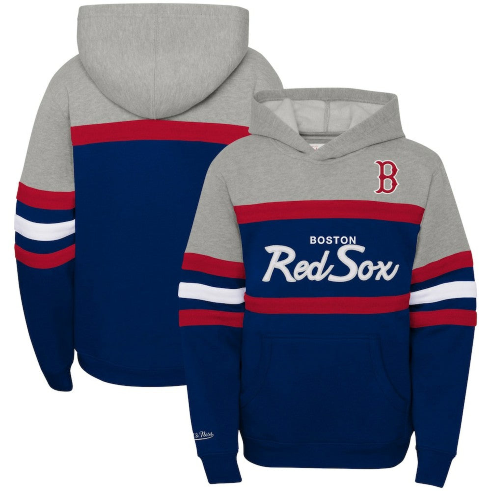 Boston Red Sox Youth Cooperstown Collection Head Coach Pullover Hoodie Heather Gray/Navy | Mitchell & Ness