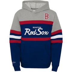 Boston Red Sox Youth Cooperstown Collection Head Coach Pullover Hoodie Heather Gray/Navy | Mitchell & Ness