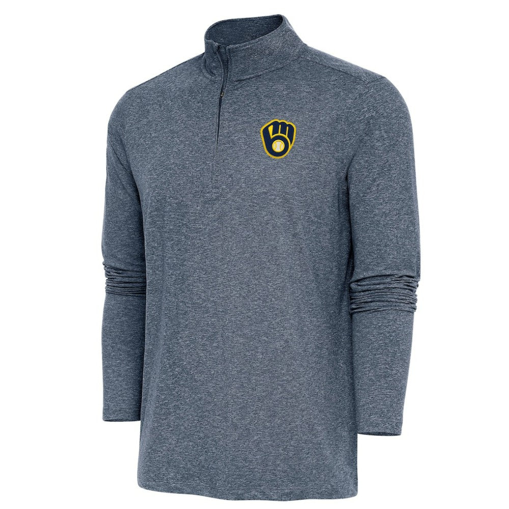 Milwaukee Brewers Antigua Hunk Quarter-Zip Pullover Top Heather Navy