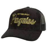 Pittsburgh Penguins Mitchell & Ness Times Up Classic Script Cord Trucker Adjustable Hat Black