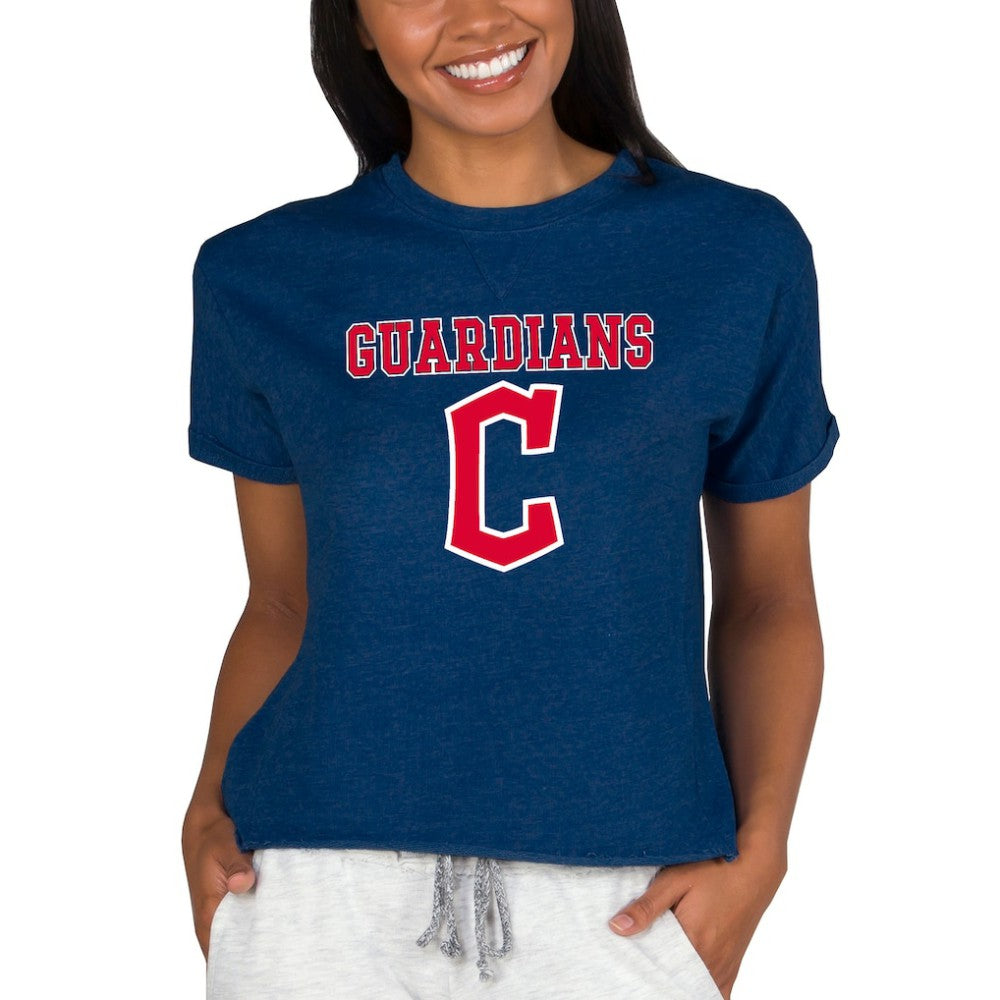 Cleveland Guardians Concepts Sport Women's Tri-Blend Mainstream Terry Short Sleeve Sweatshirt Top Navy