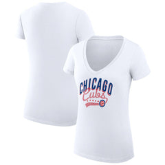 Chicago Cubs G-III 4Her by Carl Banks Women's Super-Slim Fit Lightweight Filigree Team V-Neck T-Shirt White
