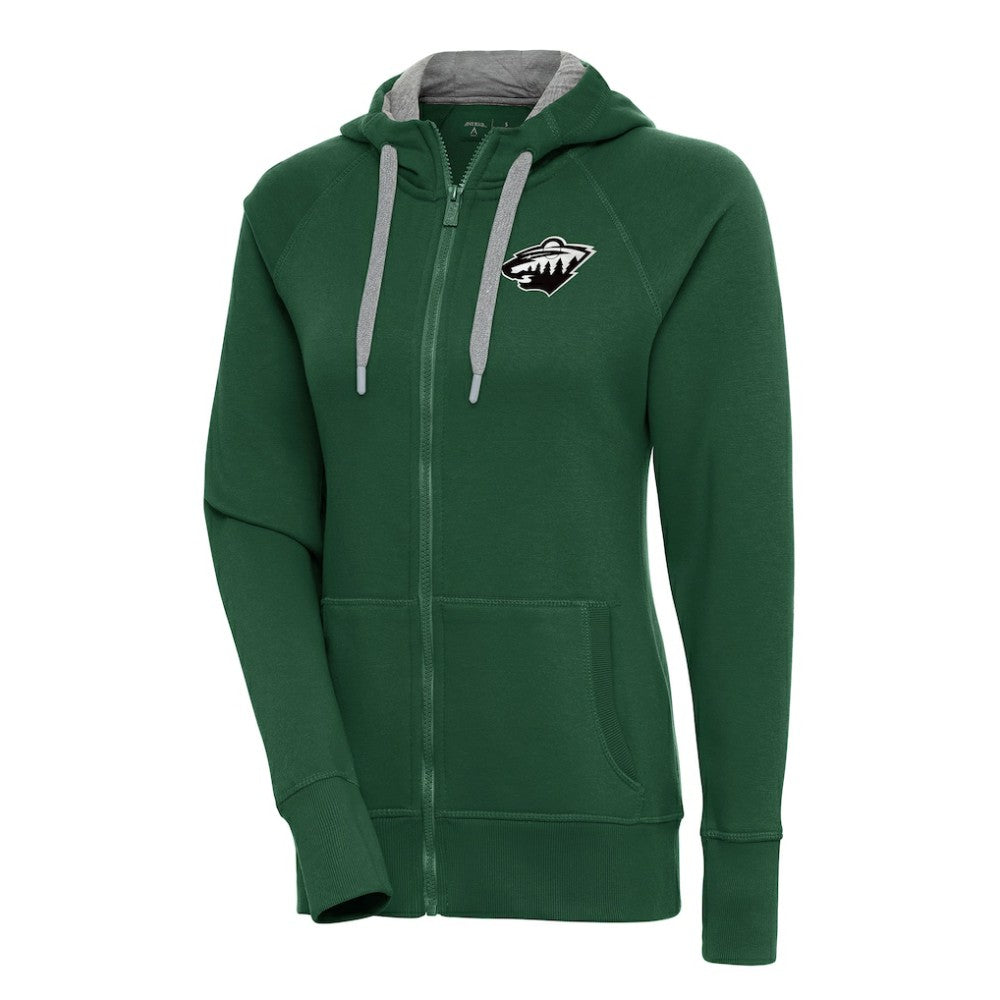 Minnesota Wild Antigua Women's Metallic Logo Victory Full-Zip Hoodie Green