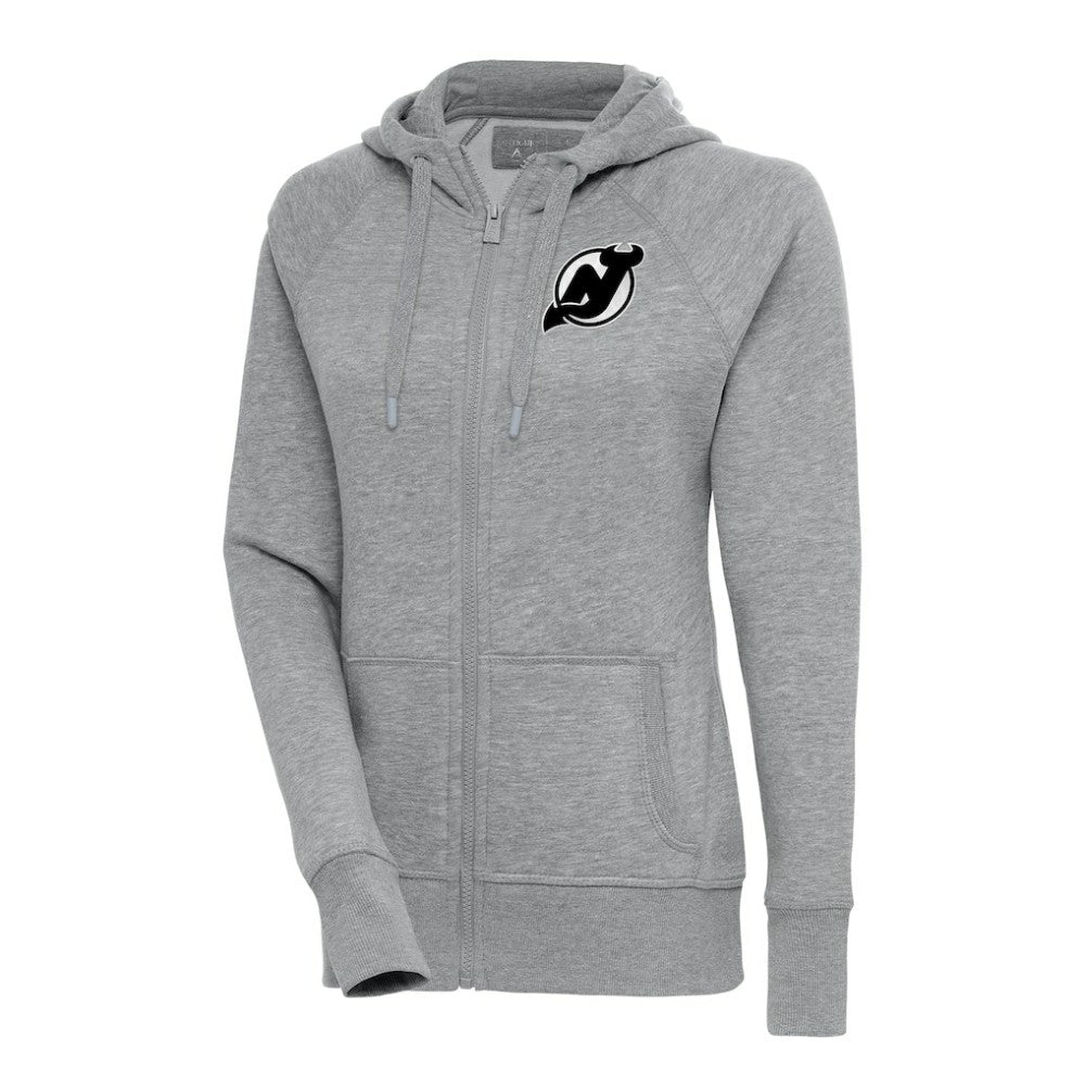 New Jersey Devils Antigua Women's Metallic Logo Victory Full-Zip Hoodie Heather Gray