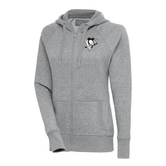 Pittsburgh Penguins Antigua Women's Metallic Logo Victory Full-Zip Hoodie Heather Gray