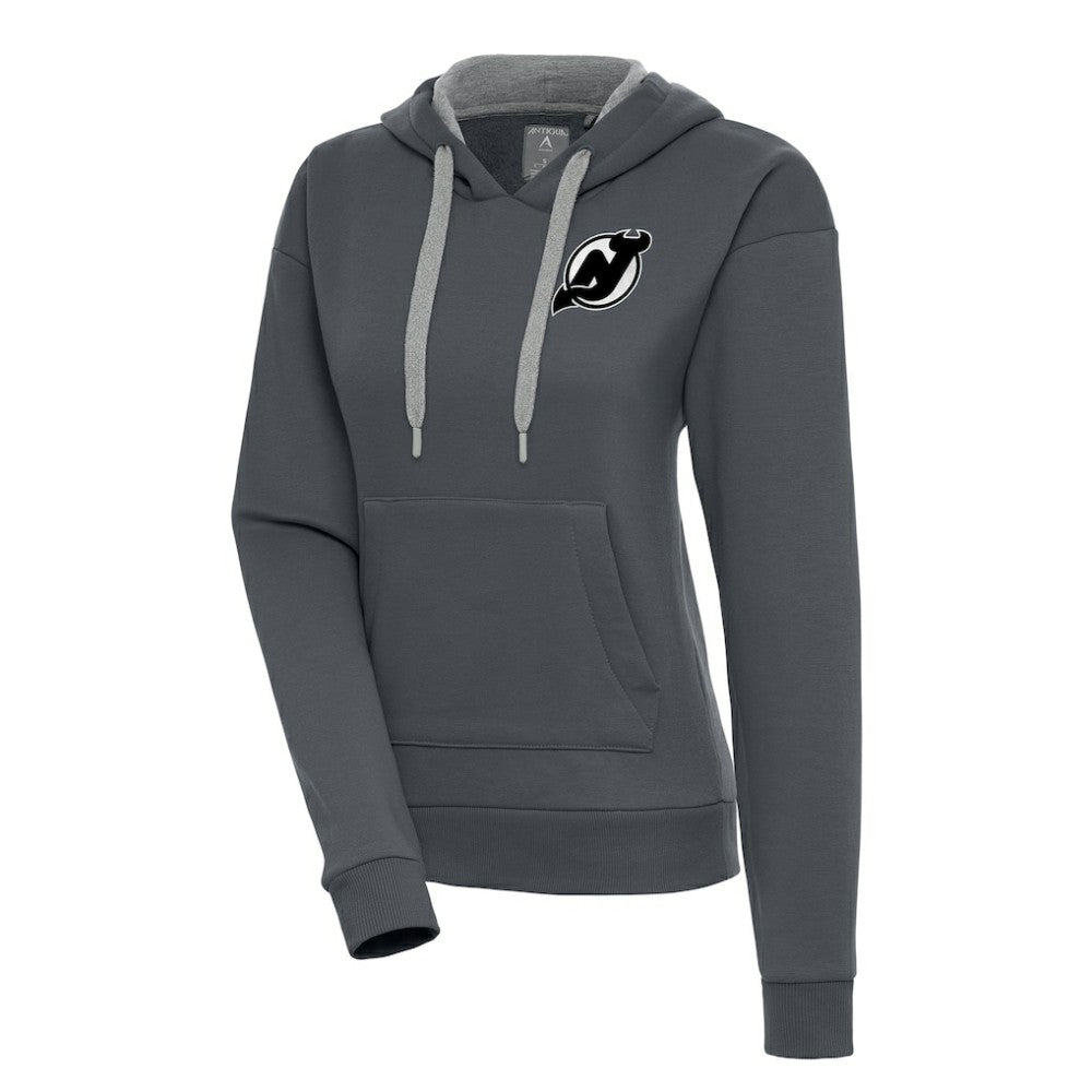 New Jersey Devils Antigua Women's Metallic Logo Victory Pullover Hoodie Charcoal