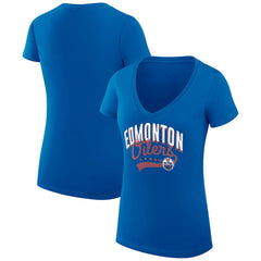 Edmonton Oilers G-III 4Her by Carl Banks Women's Super-Slim Fit Lightweight Filigree Logo V-Neck T-Shirt – Royal
