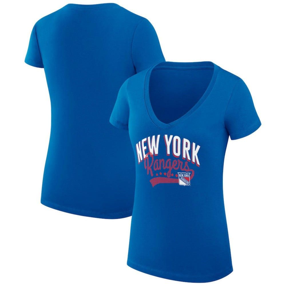New York Rangers G-III 4Her by Carl Banks Women's Super-Slim Fit Lightweight Filigree Logo V-Neck T-Shirt – Blue