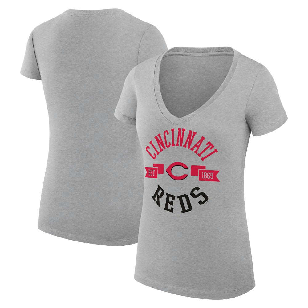 Cincinnati Reds G-III 4Her by Carl Banks Women's Super-Slim Fit Lightweight City Graphic V-Neck T-Shirt Heather Gray