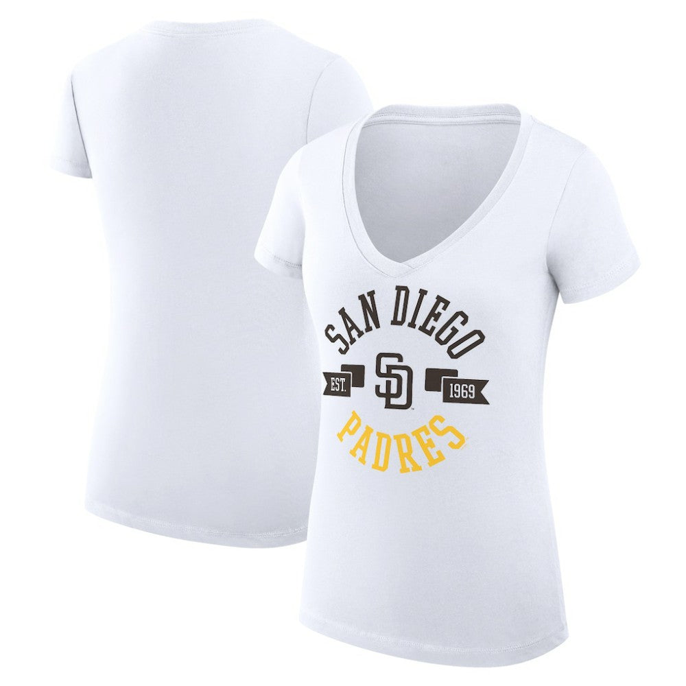 San Diego Padres G-III 4Her by Carl Banks Women's Super-Slim Fit Lightweight City Graphic V-Neck T-Shirt White
