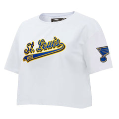 St. Louis Blues Pro Standard Women's Boxy Script Tail Cropped T-Shirt White