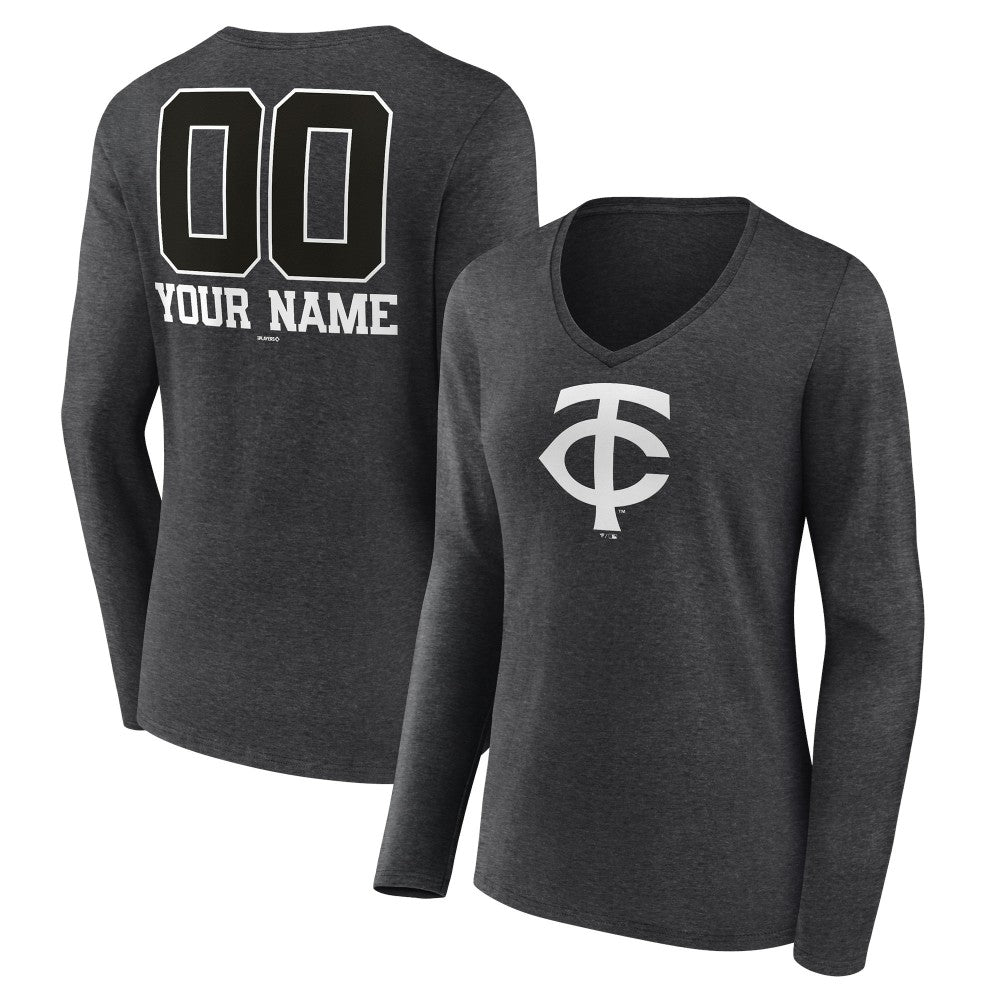 Minnesota Twins Women's Personalized Monochrome Name & Number Long Sleeve V-Neck T-Shirt Charcoal