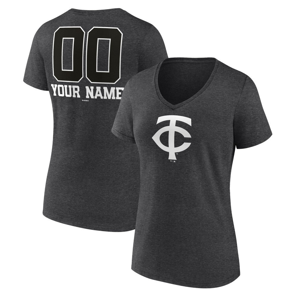 Minnesota Twins Women's Personalized Monochrome Name & Number V-Neck T-Shirt Charcoal