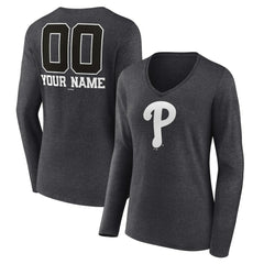 Philadelphia Phillies Women's Personalized Monochrome Name & Number Long Sleeve V-Neck T-Shirt Charcoal