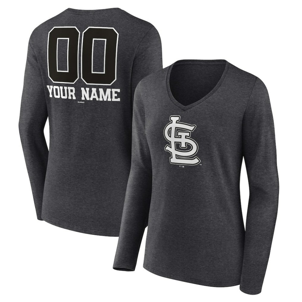 St. Louis Cardinals Women's Personalized Monochrome Name & Number Long Sleeve V-Neck T-Shirt Charcoal