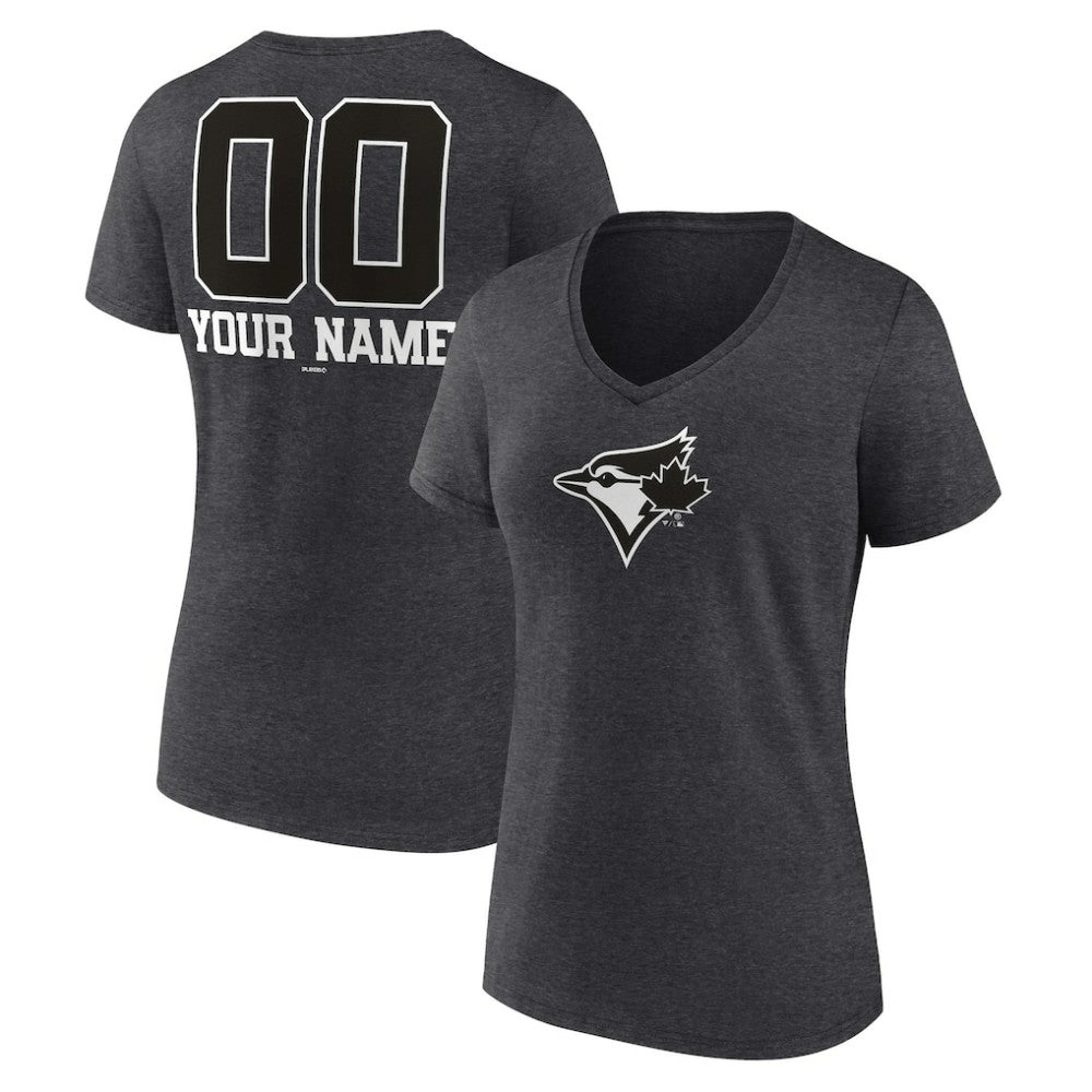 Toronto Blue Jays Women's Personalized Monochrome Name & Number V-Neck T-Shirt Charcoal