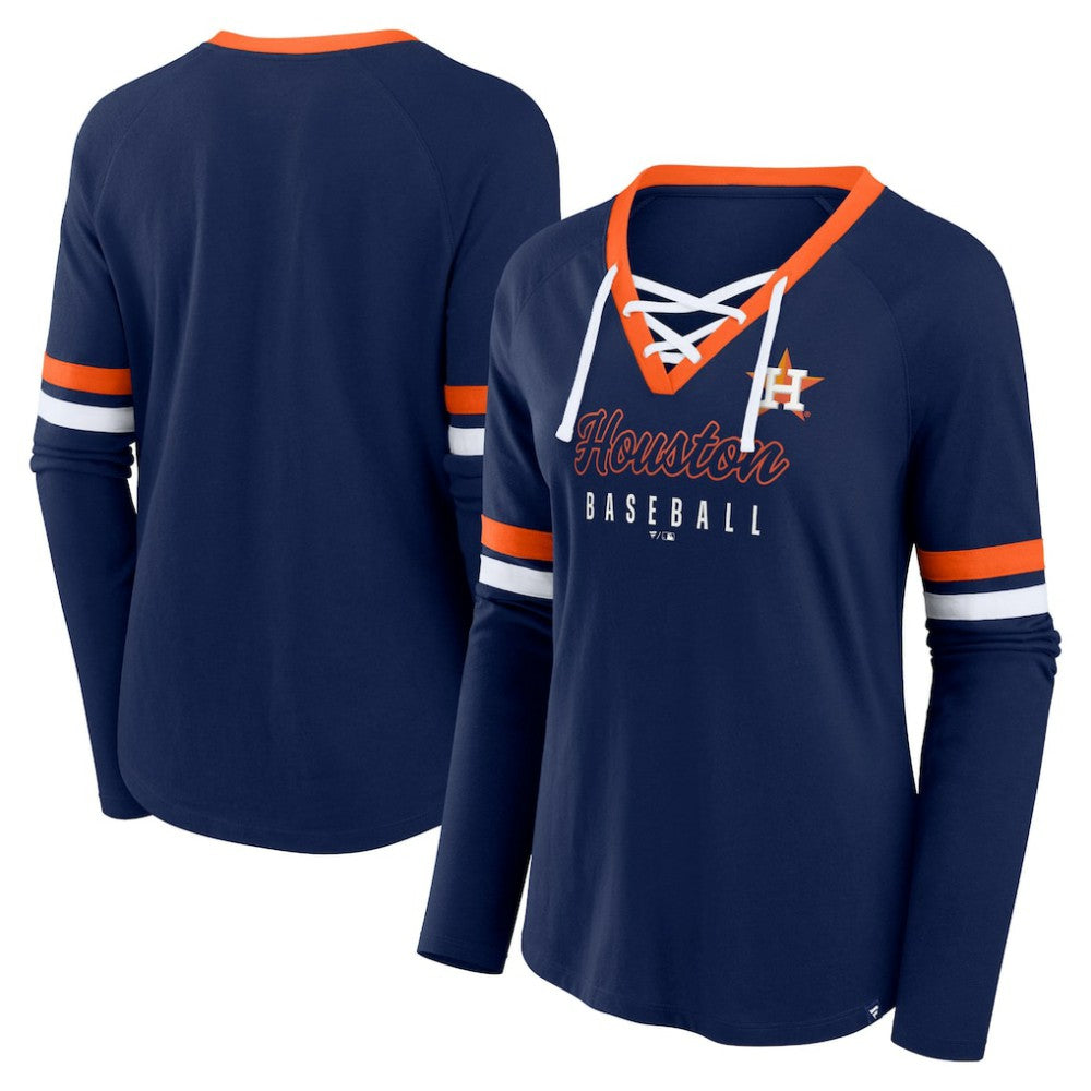 Houston Astros Women's Won & Done Raglan Lace-Up Long Sleeve T-Shirt Navy