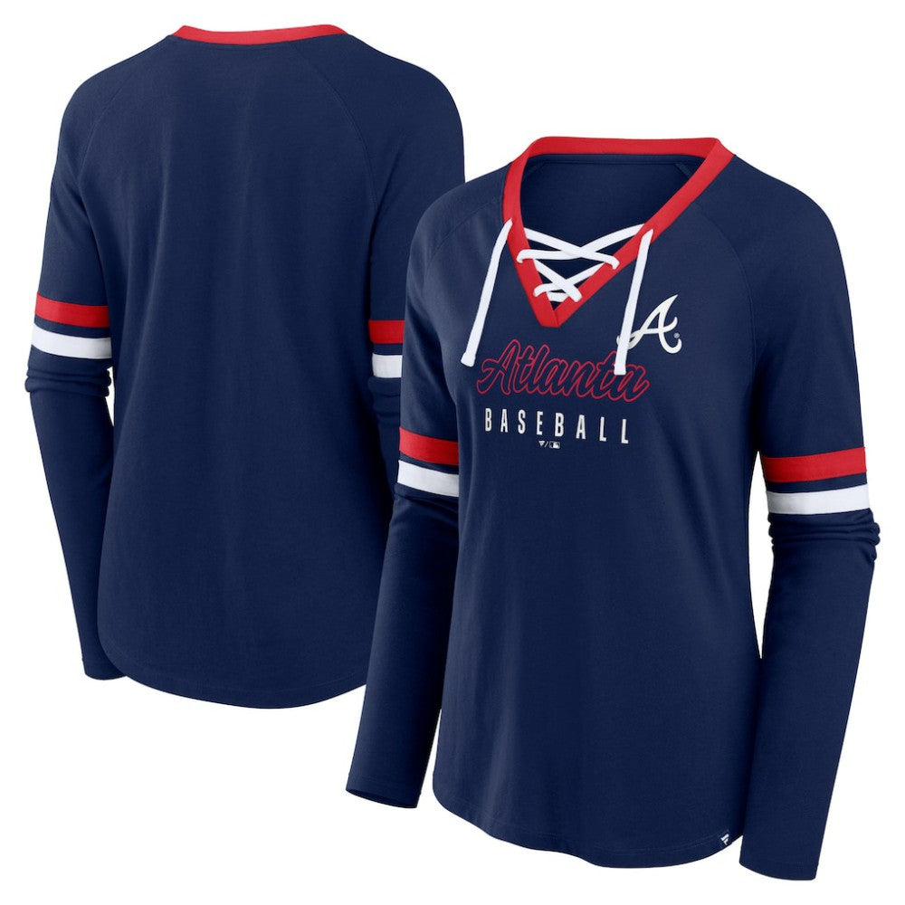 Atlanta Braves Women's Won & Done Raglan Lace-Up Long Sleeve T-Shirt Navy