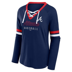Atlanta Braves Women's Won & Done Raglan Lace-Up Long Sleeve T-Shirt Navy