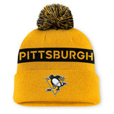 Pittsburgh Penguins Fanatics Women's Authentic Pro Rink Cuffed Knit Hat with Pom Gold/Black