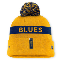 St. Louis Blues Fanatics Women's Authentic Pro Rink Cuffed Knit Hat with Pom Gold/Navy