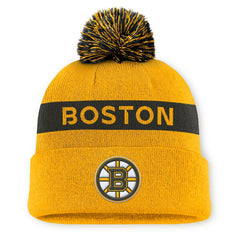 Boston Bruins Fanatics Women's Authentic Pro Rink Cuffed Knit Hat with Pom Gold/Black