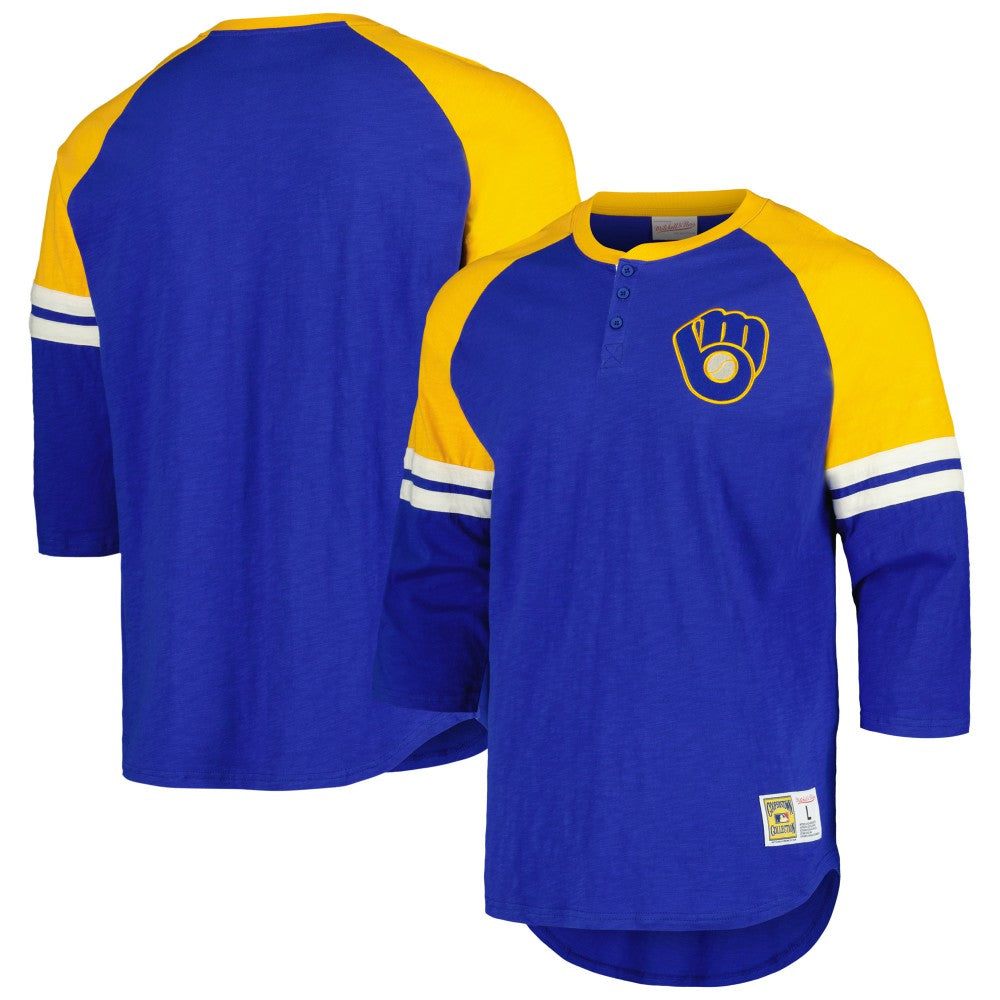 Milwaukee Brewers Cooperstown Collection Legendary Raglan Slub Henley 3/4-Sleeve T-Shirt Royal | Mitchell & Ness