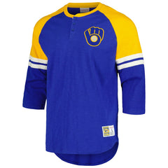 Milwaukee Brewers Cooperstown Collection Legendary Raglan Slub Henley 3/4-Sleeve T-Shirt Royal | Mitchell & Ness