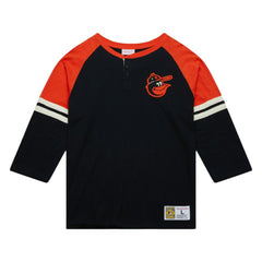 Baltimore Orioles Cooperstown Collection Legendary Raglan Slub Henley 3/4-Sleeve T-Shirt Black | Mitchell & Ness