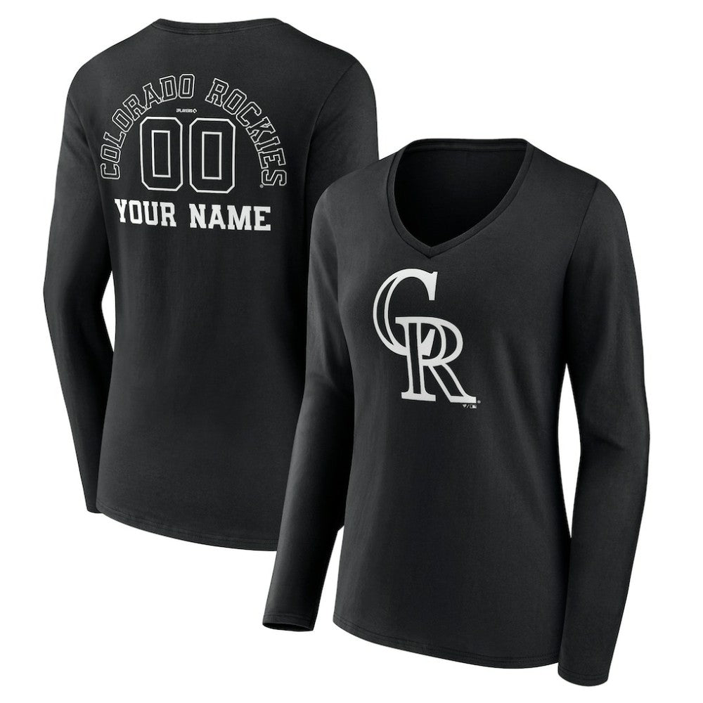 Colorado Rockies Women's Monochrome Personalized Name & Number Long Sleeve V-Neck T-Shirt Black