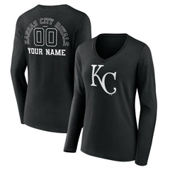 Kansas City Royals Women's Monochrome Personalized Name & Number Long Sleeve V-Neck T-Shirt Black