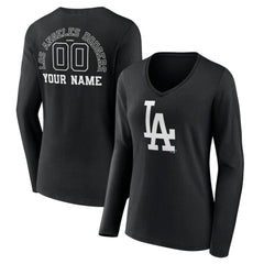 Los Angeles Dodgers Women's Monochrome Personalized Name & Number Long Sleeve V-Neck T-Shirt Black