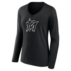 Miami Marlins Women's Monochrome Personalized Name & Number Long Sleeve V-Neck T-Shirt Black