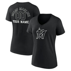 Miami Marlins Women's Monochrome Personalized Name & Number V-Neck T-Shirt Black