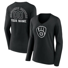 Milwaukee Brewers Women's Monochrome Personalized Name & Number Long Sleeve V-Neck T-Shirt Black