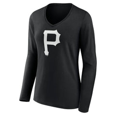 Pittsburgh Pirates Women's Monochrome Personalized Name & Number Long Sleeve V-Neck T-Shirt Black